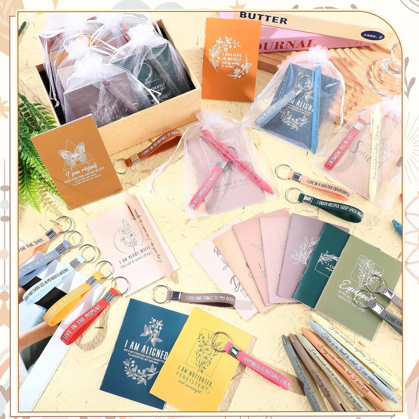 48-Piece Positive Affirmation Gift Set: Gratitude Notebooks, Pens, Keychains, and Small Bags - Motivational Party Favors for Adult Women, Coworkers, and Employee Groups (Vibrant)