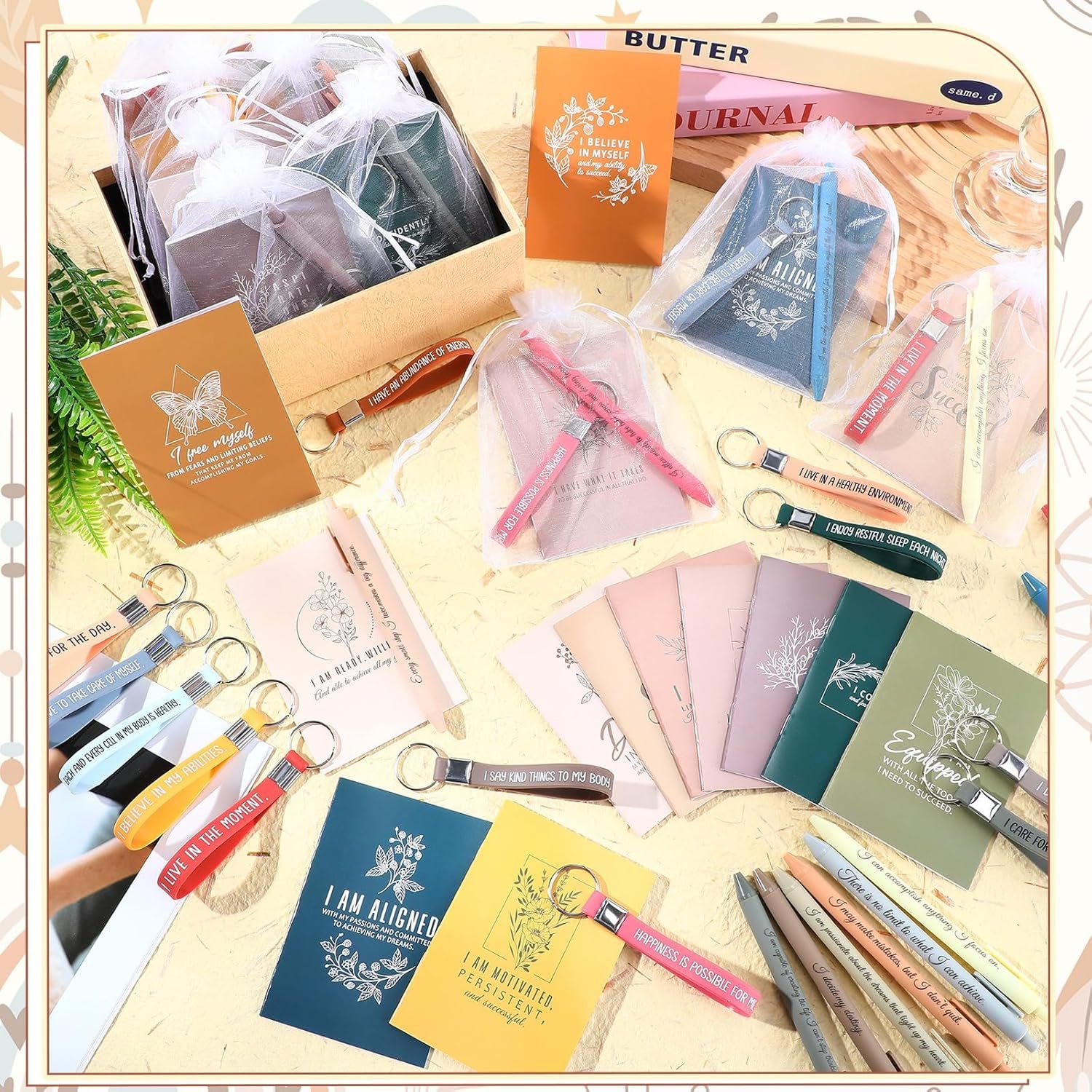 48-Piece Positive Affirmation Gift Set: Gratitude Notebooks, Pens, Keychains, and Small Bags - Motivational Party Favors for Adult Women, Coworkers, and Employee Groups (Vibrant)