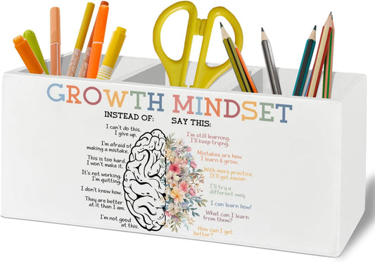 Mental Health Office Decor, Mental Health Inspirational Pen Pencil Holder Organizer for Desk Accessories, Growth Mindset Motivational Positive Wooden Box Sign Desk Decor for Therapy Counselor