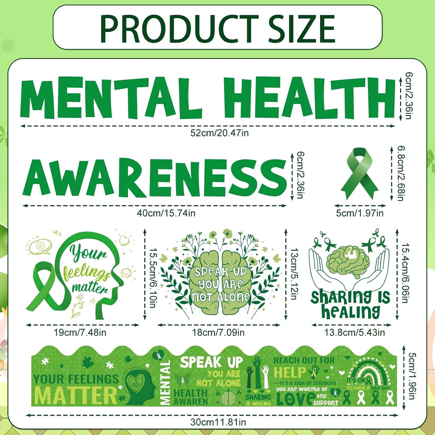 Mental Health Classroom Decorations - Mental Health Awareness Bulletin Board Decorations, Positive Motivational Cutouts Therapy Bulletin Board Set, Green Ribbon School Office Wall Decor