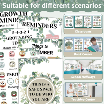 16PCS Eucalyptus Mental Health Posters for Classroom Anxiety Therapy Growth Mindset Inspirational Posters Counseling Therapist Office Must Haves Feeling Wheel Poster Positive Quotes Decor
