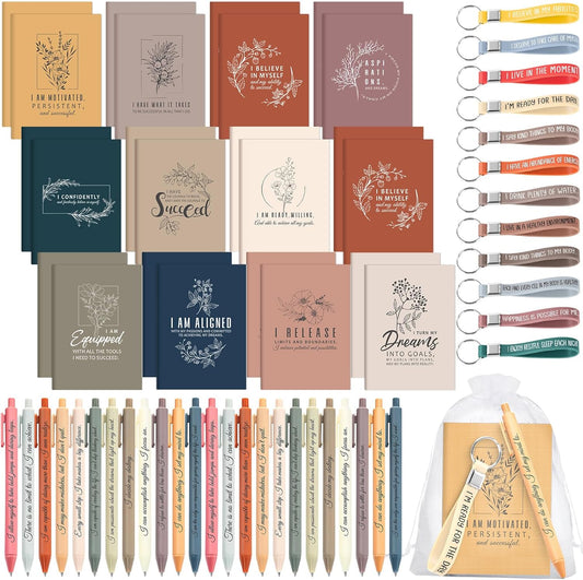 48-Piece Positive Affirmation Gift Set: Gratitude Notebooks, Pens, Keychains, and Small Bags - Motivational Party Favors for Adult Women, Coworkers, and Employee Groups (Vibrant)