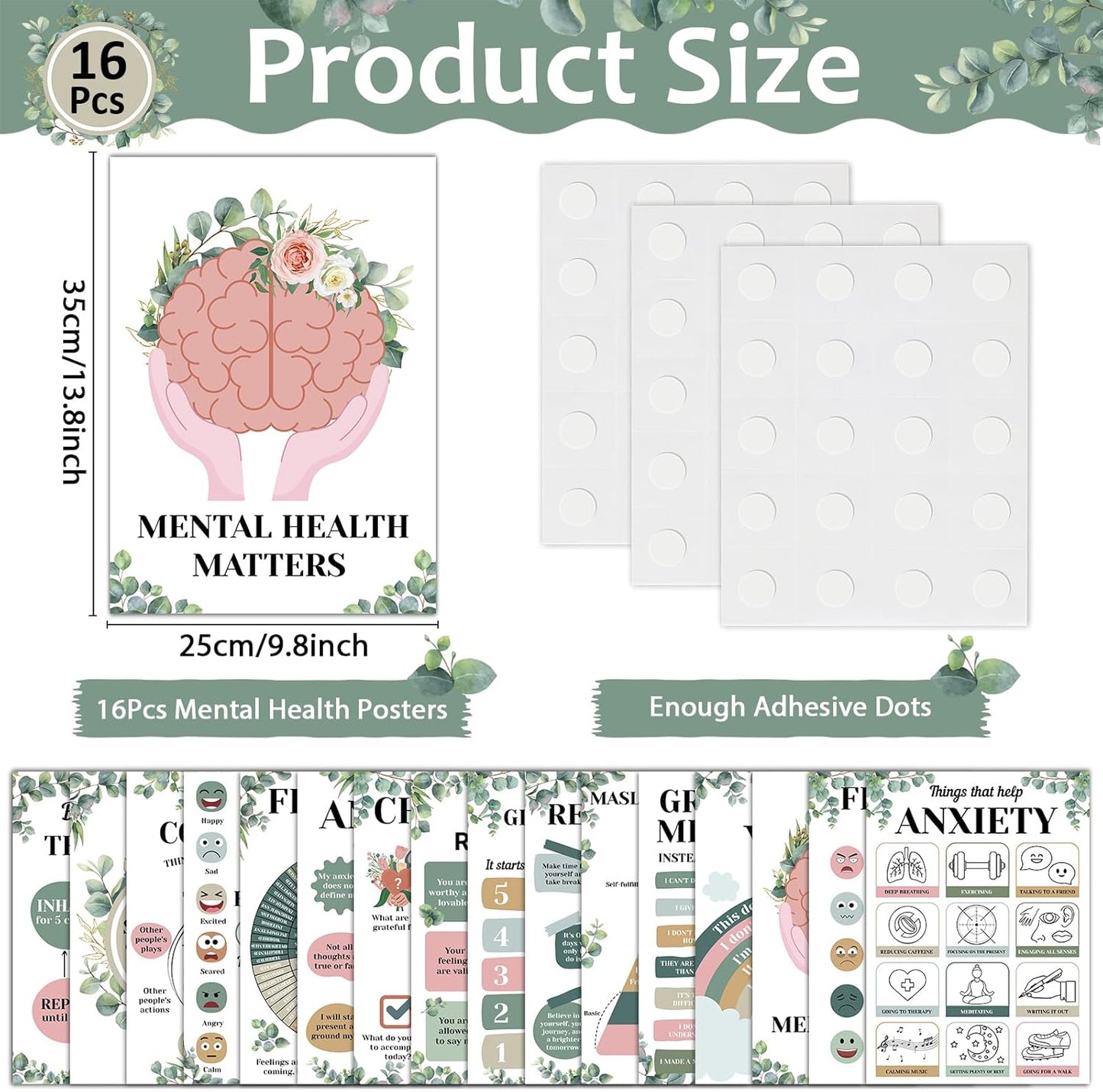16PCS Eucalyptus Mental Health Posters for Classroom Anxiety Therapy Growth Mindset Inspirational Posters Counseling Therapist Office Must Haves Feeling Wheel Poster Positive Quotes Decor