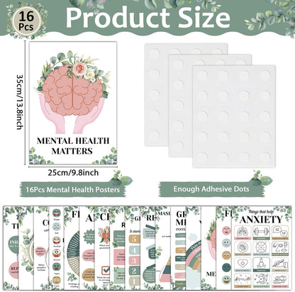 16PCS Eucalyptus Mental Health Posters for Classroom Anxiety Therapy Growth Mindset Inspirational Posters Counseling Therapist Office Must Haves Feeling Wheel Poster Positive Quotes Decor