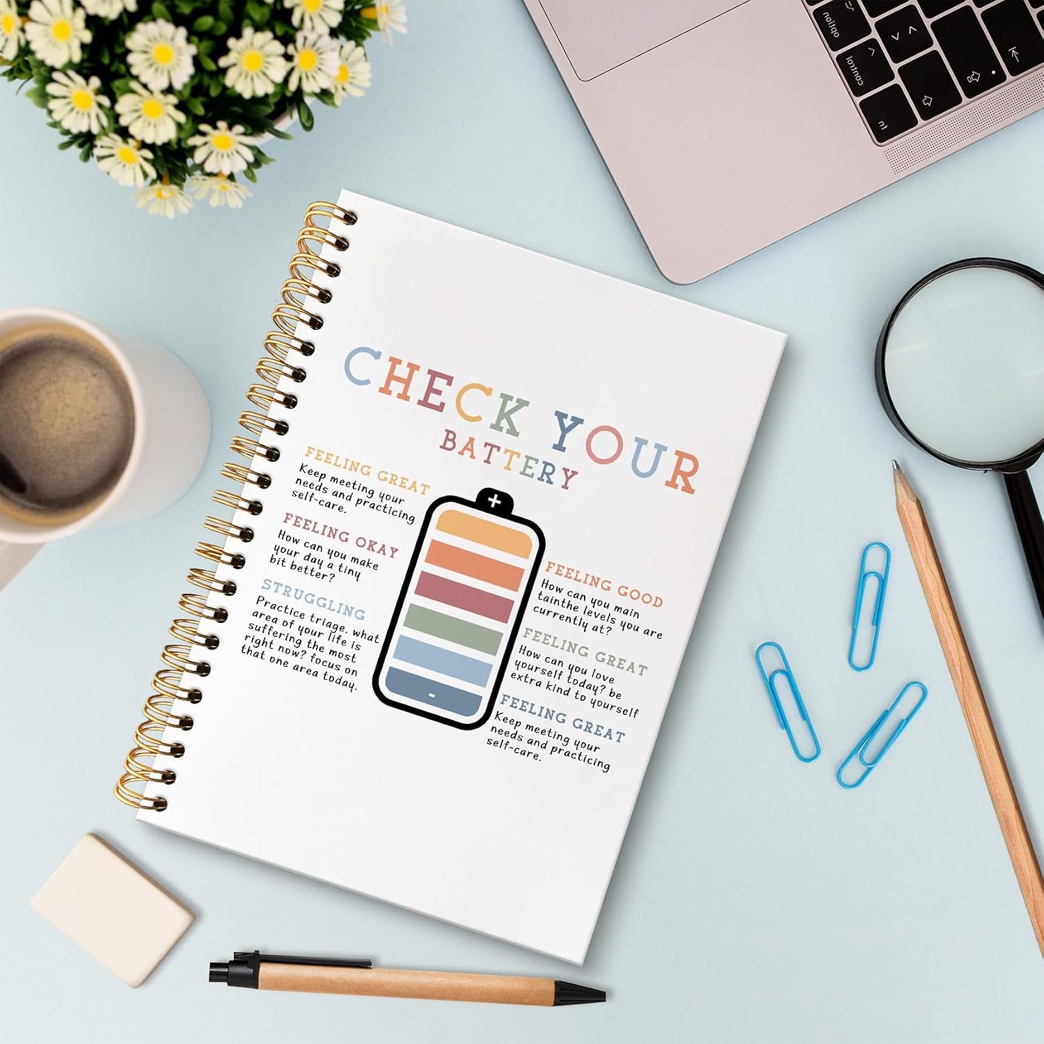 Boho Mental Health Notebook Journal, Check Your Battery Therapy Journal for Women, Mental Health Gifts Notebooks for Note Taking, Boho Counseling Hardcover Spiral Notebook, 5.5X8.3 Inch
