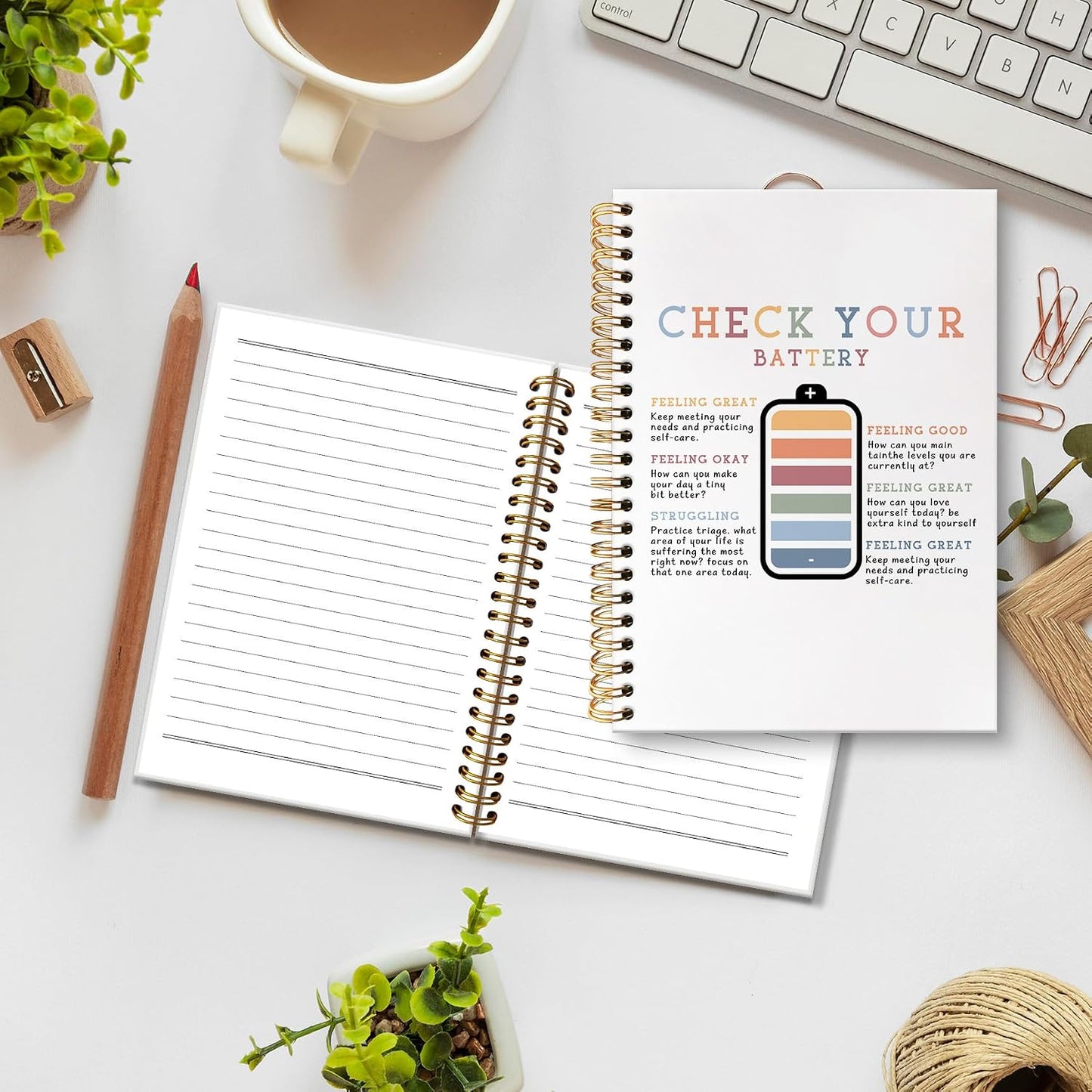 Boho Mental Health Notebook Journal, Check Your Battery Therapy Journal for Women, Mental Health Gifts Notebooks for Note Taking, Boho Counseling Hardcover Spiral Notebook, 5.5X8.3 Inch