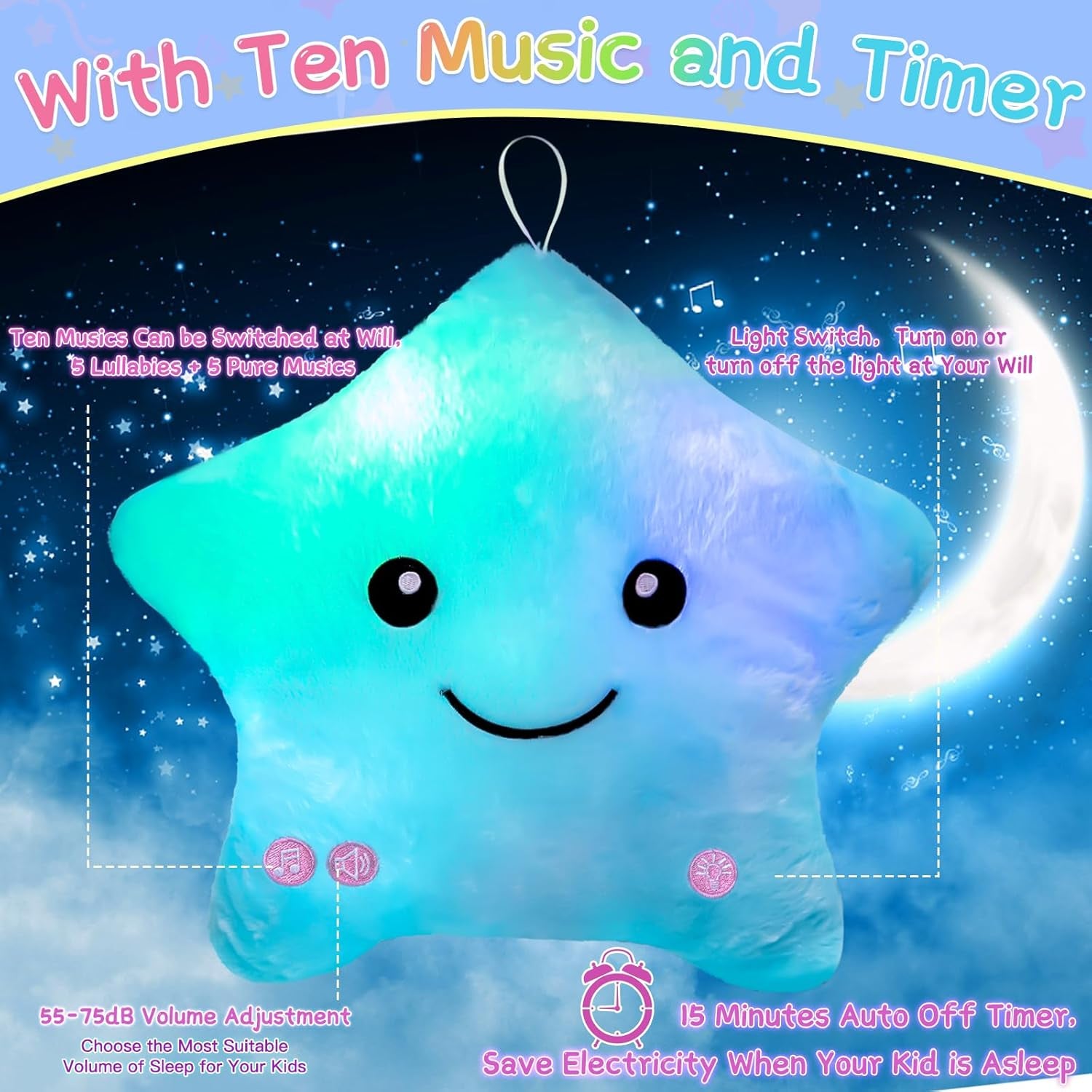 Sensory Toys for Kids with Autism,14" Soft Toddler Pillow with Light &Music,Plush Star Night Light,Light up Adhd Autism Sensory Products,Birthday Xmas Easter Gifts for Boys 3 4 5 6 7 8 9 10 Blue