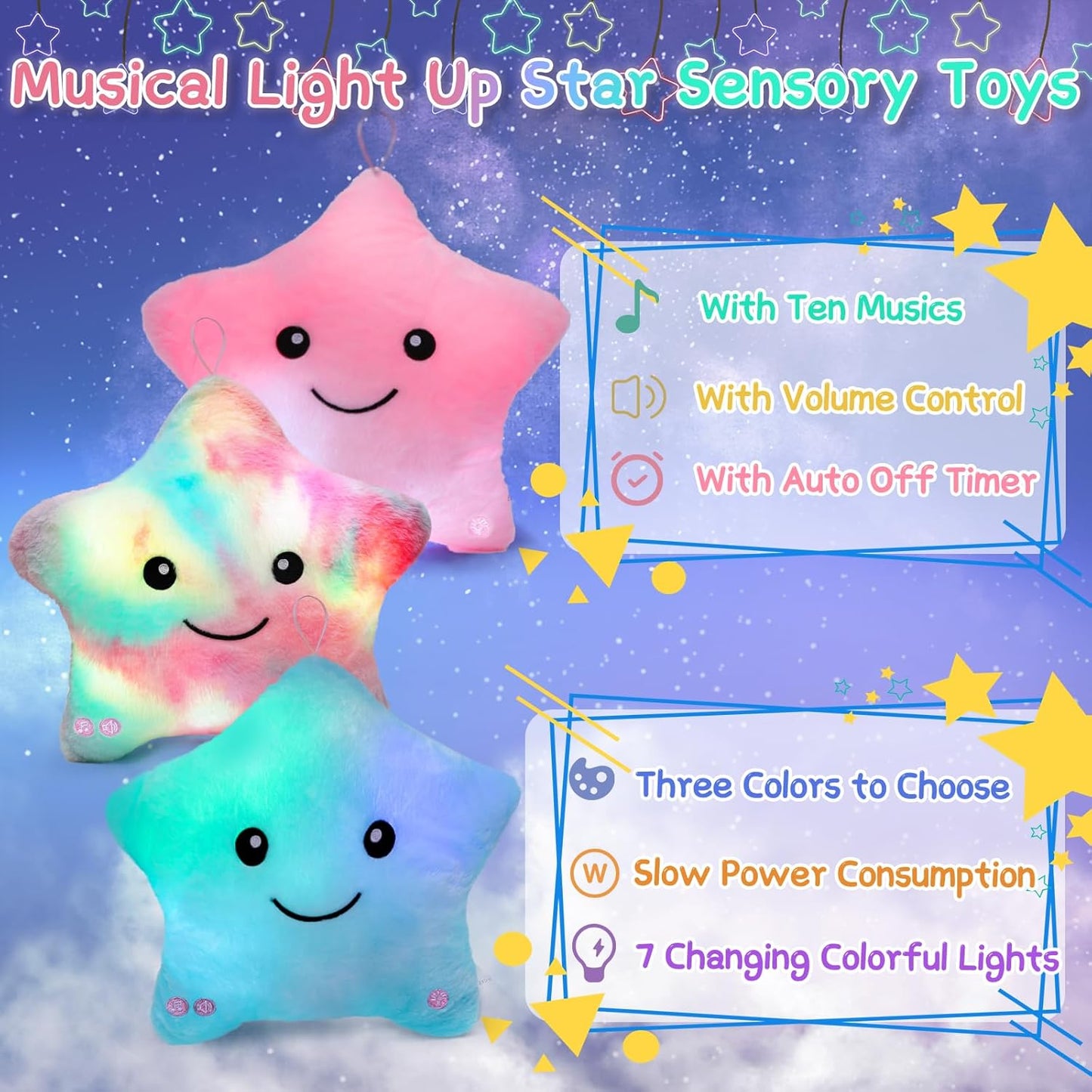 Sensory Toys for Kids with Autism,14" Soft Toddler Pillow with Light &Music,Plush Star Night Light,Light up Adhd Autism Sensory Products,Birthday Xmas Easter Gifts for Boys 3 4 5 6 7 8 9 10 Blue
