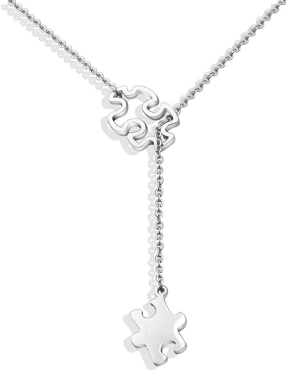 Autism Awareness Puzzle Lariat Necklace Motivational Autism Gift (Silver Y Necklace)