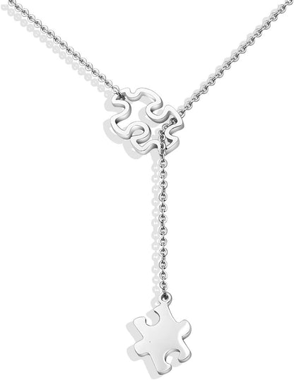 Autism Awareness Puzzle Lariat Necklace Motivational Autism Gift (Silver Y Necklace)