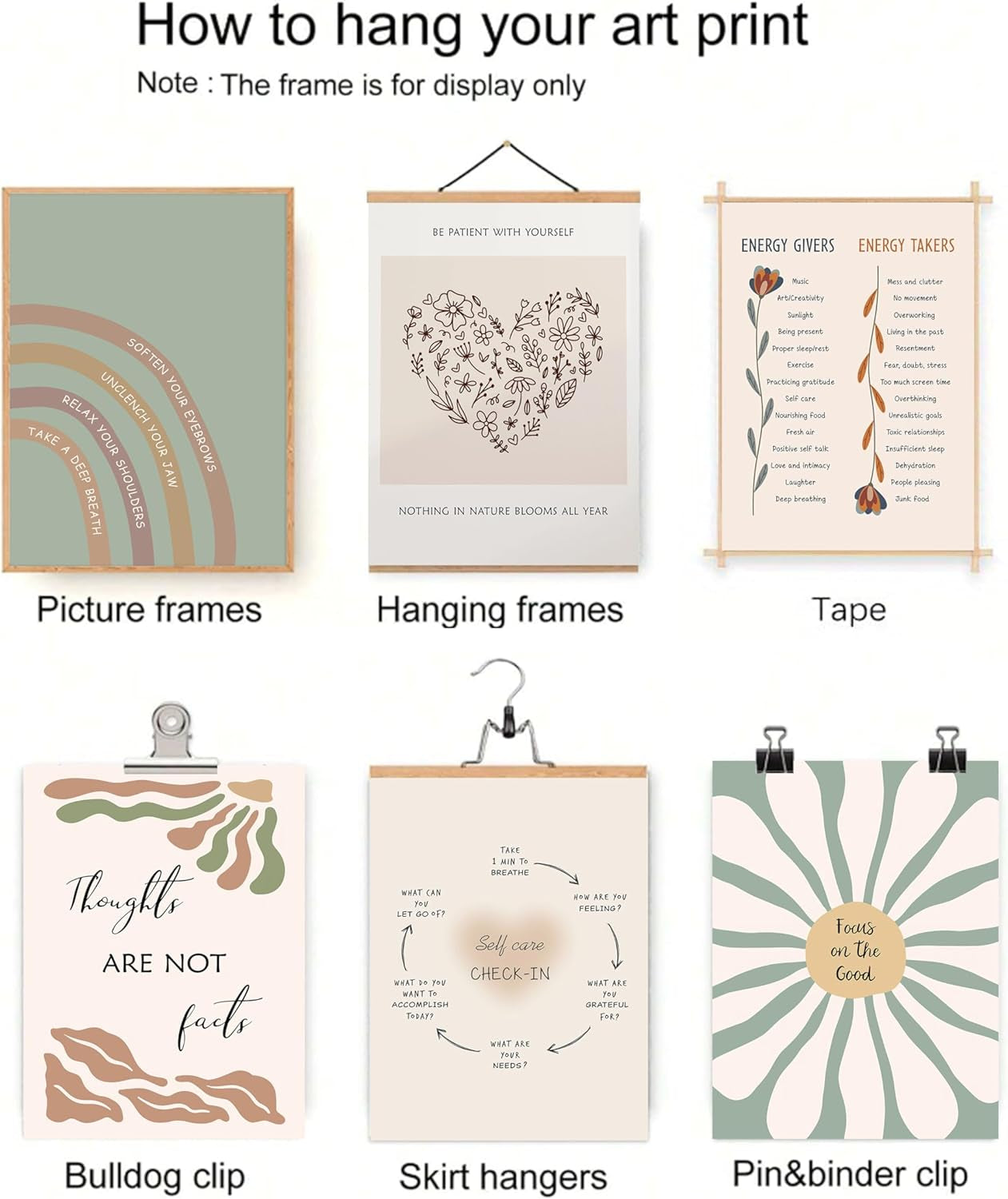 Set of 6 Mental Health Motivational Posters - Boho-Inspired Psychology Wall Art for Classroom, Office, and Home Décor - Inspirational Positive Quotes Canvas Prints (8x10 Inches, Unframed)