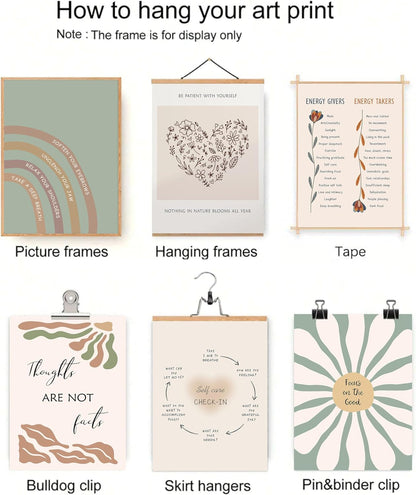 Set of 6 Mental Health Motivational Posters - Boho-Inspired Psychology Wall Art for Classroom, Office, and Home Décor - Inspirational Positive Quotes Canvas Prints (8x10 Inches, Unframed)