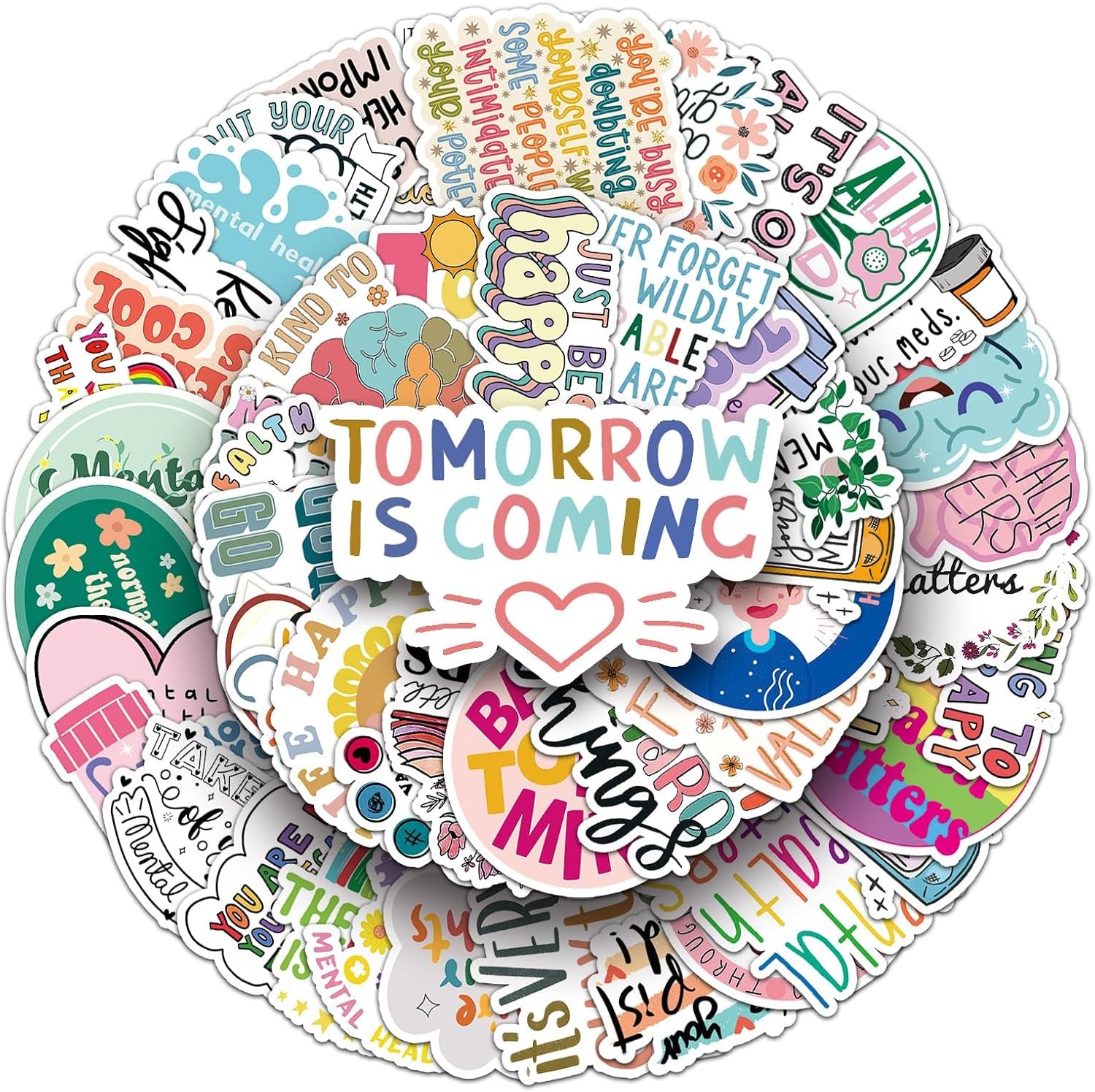 100Pcs Mental Health Stickers,Mental Health Matters Awareness Vinyl Laptops Decals Kids Teens Adults Gifts Therapist Water Bottles Bumper Helmet Book Decorative Doctor Reward Stickers