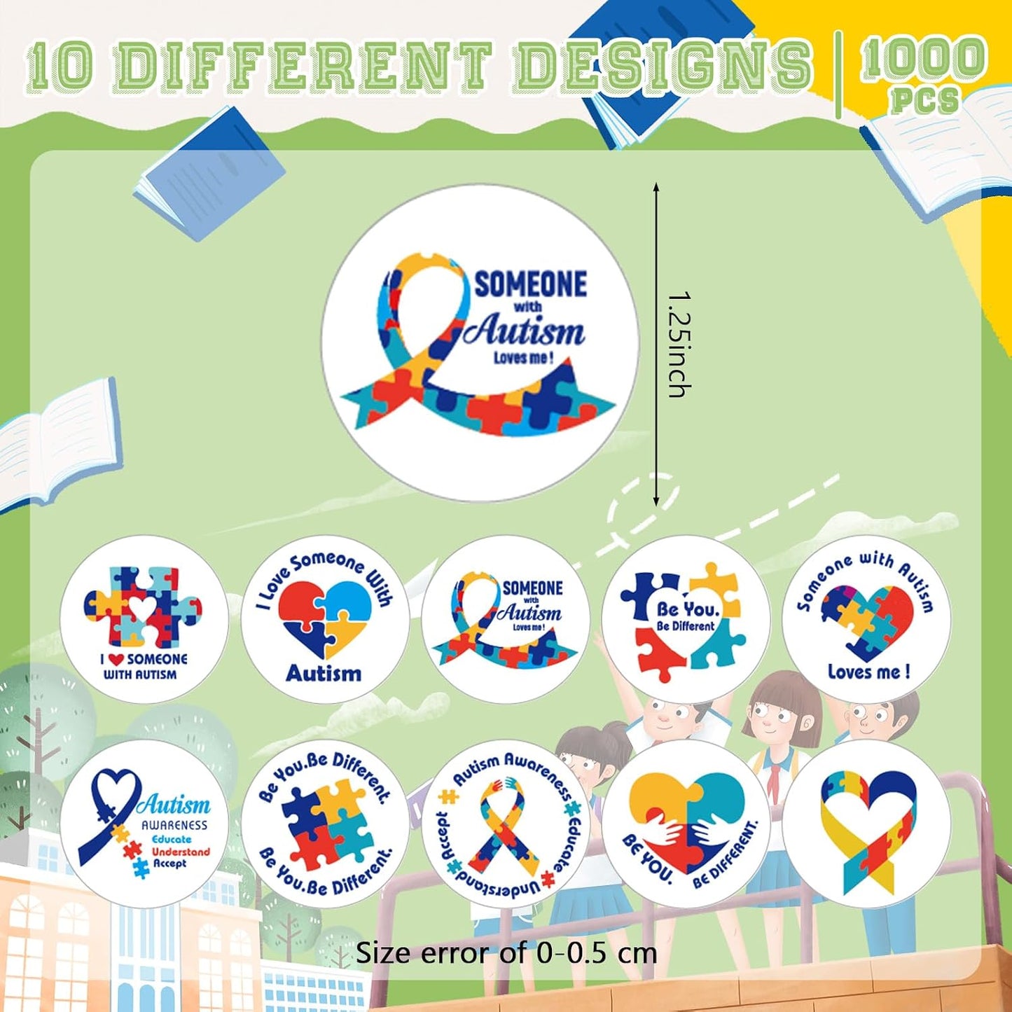 1000 Pcs Autism Awareness Stickers Roll Shape Asperger'S Autism Sticker Colorful Puzzle Stickers for Theme Gifts Fundraiser and Event Supplies