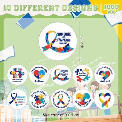 1000 Pcs Autism Awareness Stickers Roll Shape Asperger'S Autism Sticker Colorful Puzzle Stickers for Theme Gifts Fundraiser and Event Supplies