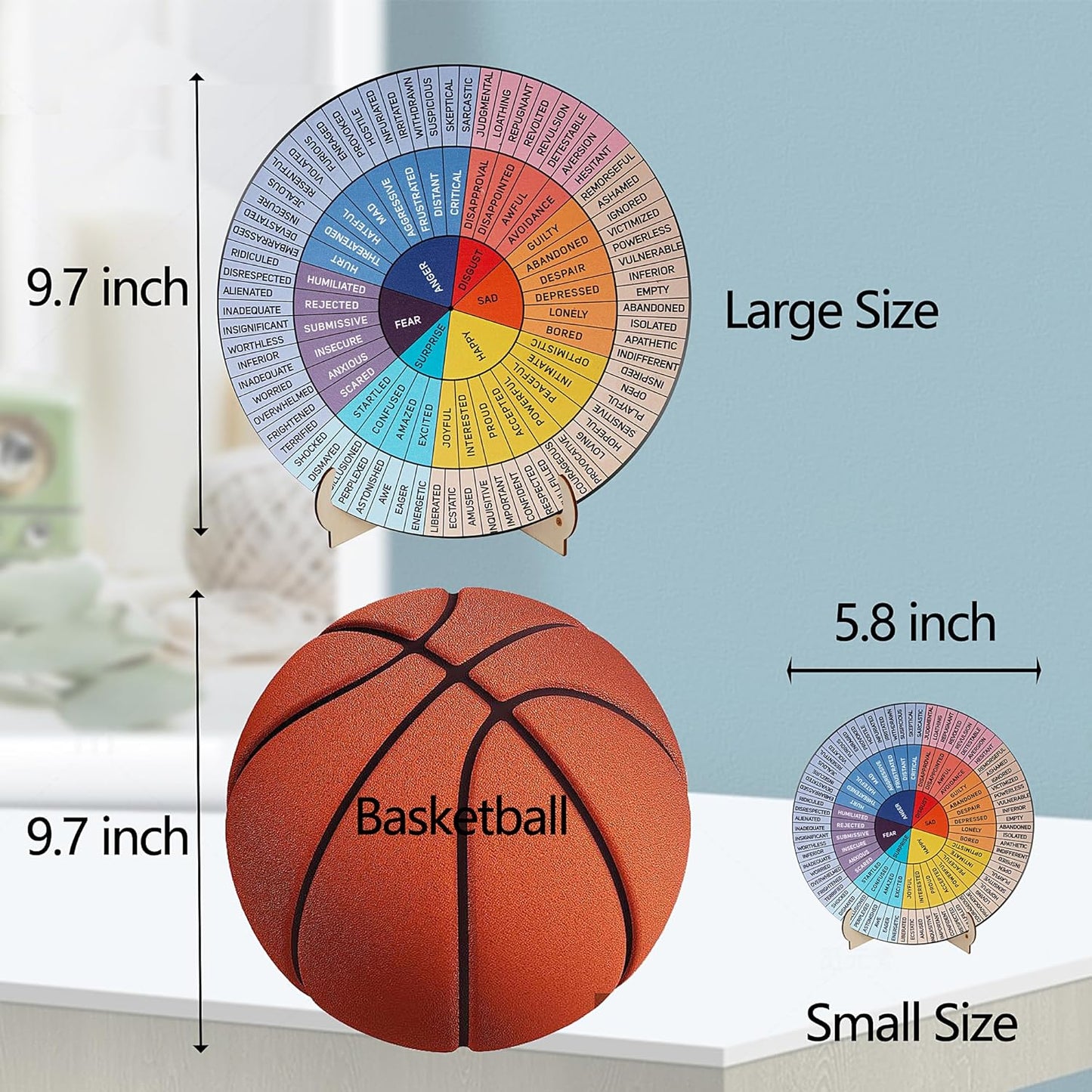 Large Double-Sided Feelings Wheel for Therapy Offices - 9.7-Inch Wooden Emotion Chart with Stand, Ideal for Mental Health and Educational Settings