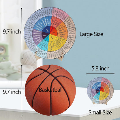 Large Double-Sided Feelings Wheel for Therapy Offices - 9.7-Inch Wooden Emotion Chart with Stand, Ideal for Mental Health and Educational Settings
