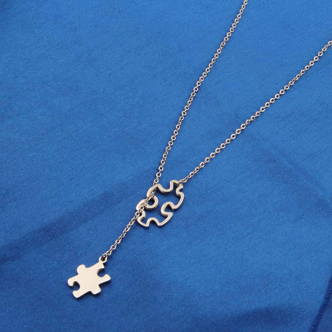 Autism Awareness Puzzle Lariat Necklace Motivational Autism Gift (Silver Y Necklace)