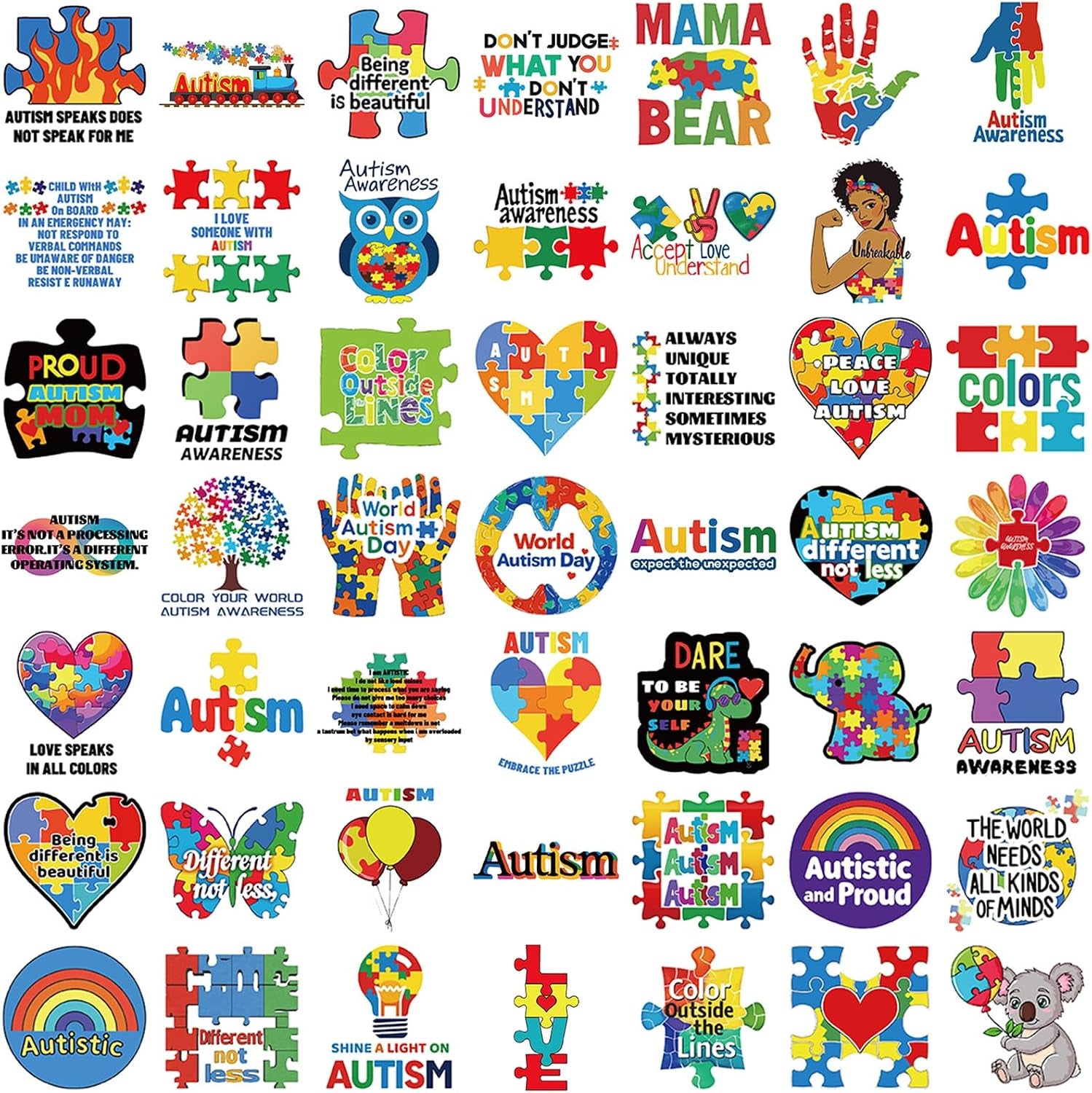 Healing Stickers Autism Stickers 50 Pcs Autism Awareness Waterproof Vinyl Decals for Water Bottles Laptop Luggage Cup Computer Mobile Phone Skateboard Guitar Helmet Snowboard Décor