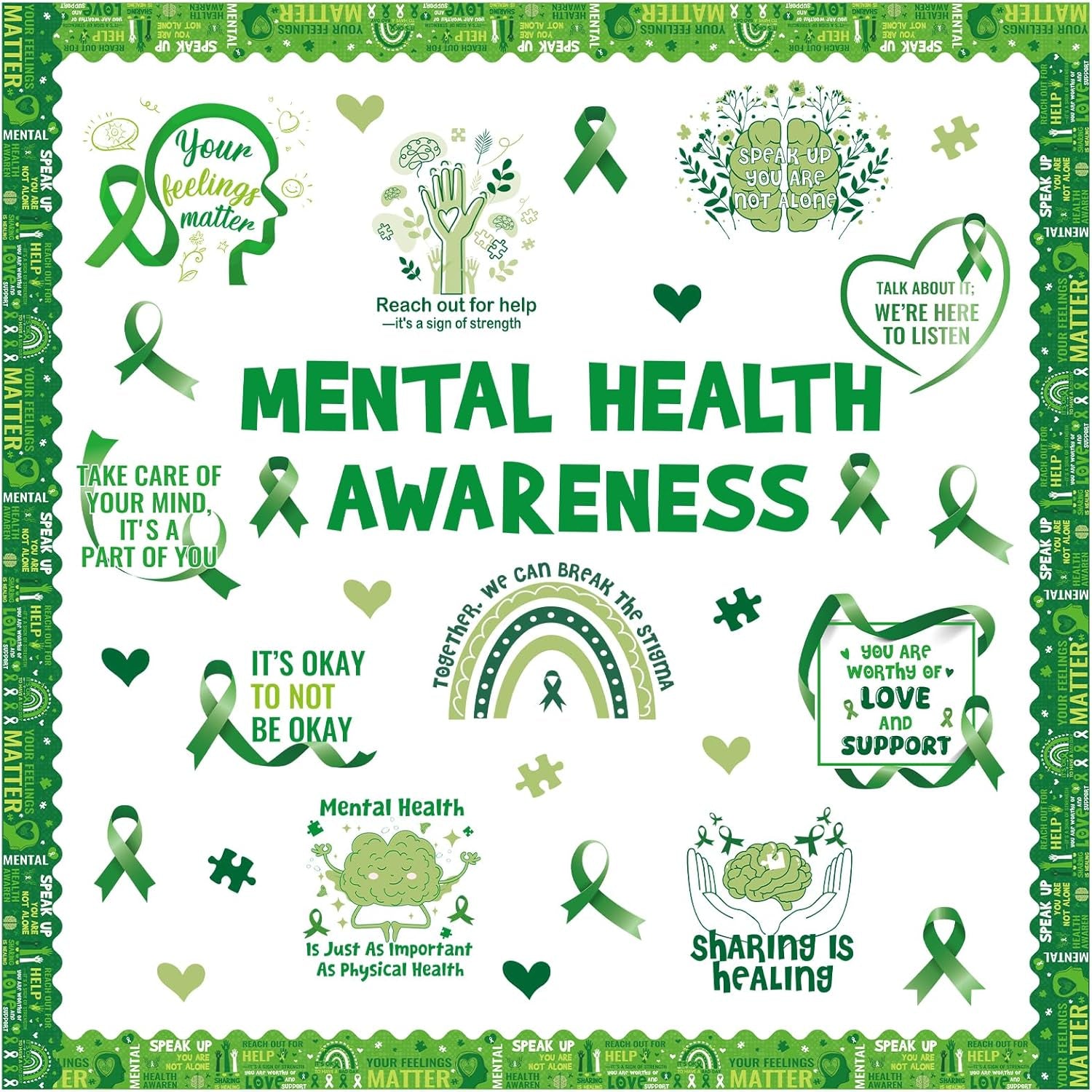 Mental Health Classroom Decorations - Mental Health Awareness Bulletin Board Decorations, Positive Motivational Cutouts Therapy Bulletin Board Set, Green Ribbon School Office Wall Decor