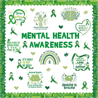 Mental Health Classroom Decorations - Mental Health Awareness Bulletin Board Decorations, Positive Motivational Cutouts Therapy Bulletin Board Set, Green Ribbon School Office Wall Decor