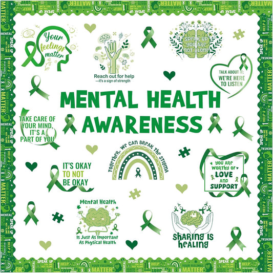 Mental Health Classroom Decorations - Mental Health Awareness Bulletin Board Decorations, Positive Motivational Cutouts Therapy Bulletin Board Set, Green Ribbon School Office Wall Decor