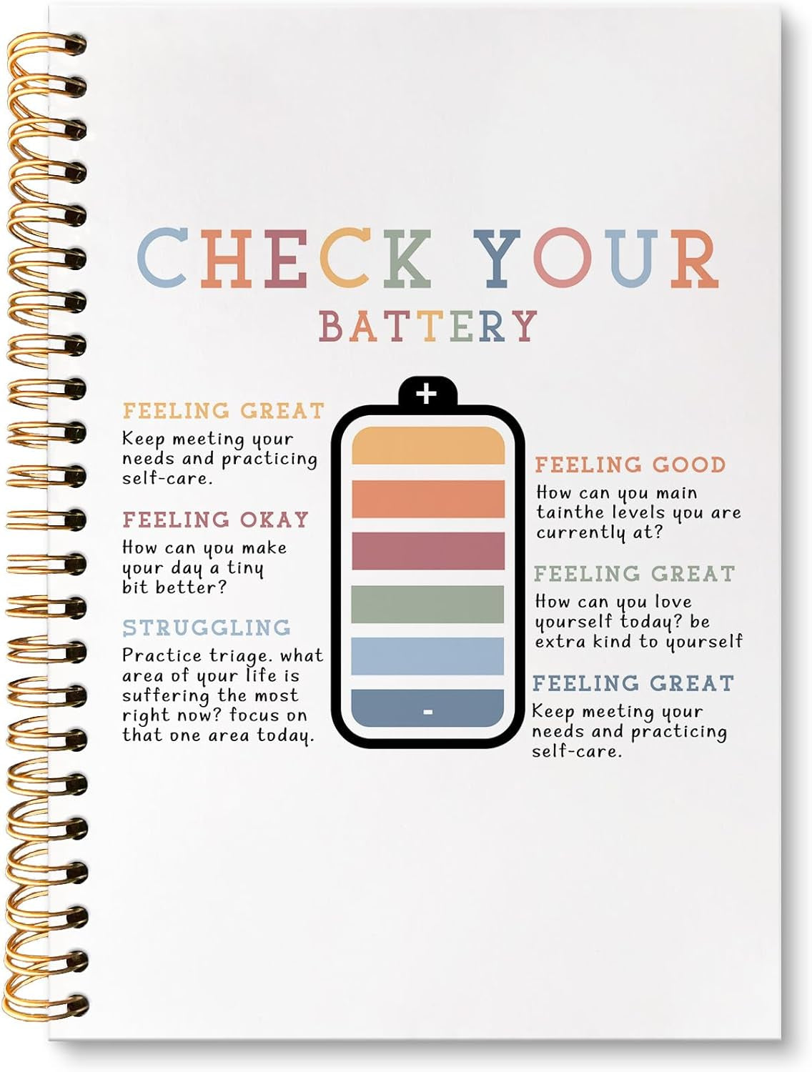 Boho Mental Health Notebook Journal, Check Your Battery Therapy Journal for Women, Mental Health Gifts Notebooks for Note Taking, Boho Counseling Hardcover Spiral Notebook, 5.5X8.3 Inch