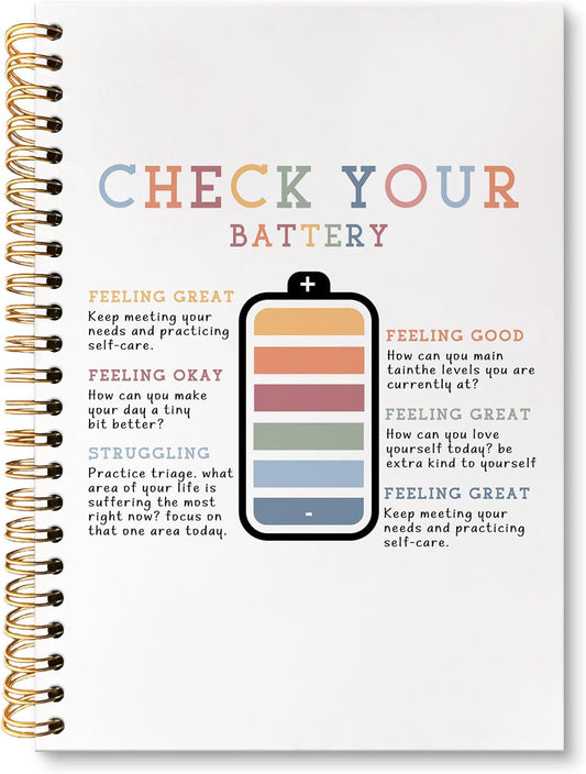 Boho Mental Health Notebook Journal, Check Your Battery Therapy Journal for Women, Mental Health Gifts Notebooks for Note Taking, Boho Counseling Hardcover Spiral Notebook, 5.5X8.3 Inch