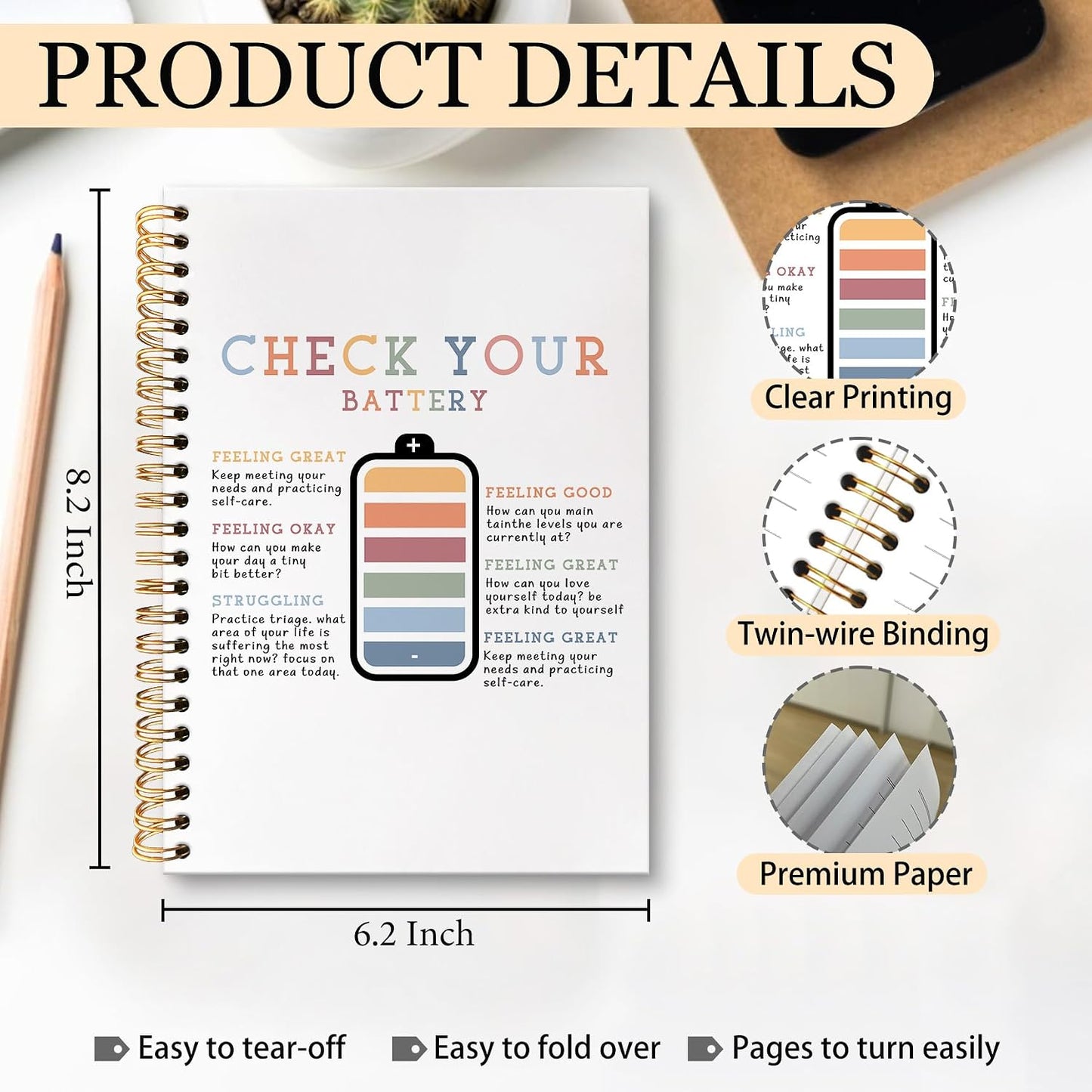 Boho Mental Health Notebook Journal, Check Your Battery Therapy Journal for Women, Mental Health Gifts Notebooks for Note Taking, Boho Counseling Hardcover Spiral Notebook, 5.5X8.3 Inch