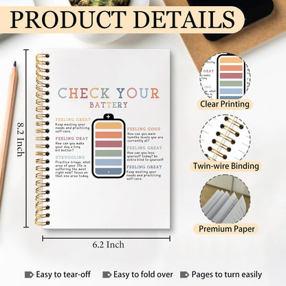Boho Mental Health Notebook Journal, Check Your Battery Therapy Journal for Women, Mental Health Gifts Notebooks for Note Taking, Boho Counseling Hardcover Spiral Notebook, 5.5X8.3 Inch
