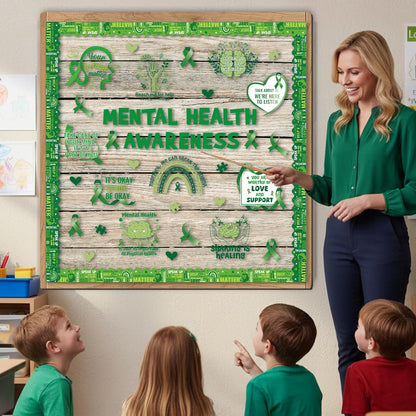 Mental Health Classroom Decorations - Mental Health Awareness Bulletin Board Decorations, Positive Motivational Cutouts Therapy Bulletin Board Set, Green Ribbon School Office Wall Decor