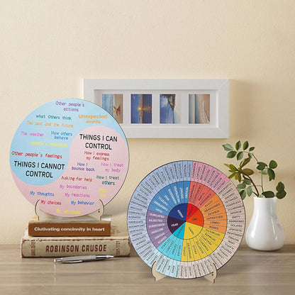 Large Double-Sided Feelings Wheel for Therapy Offices - 9.7-Inch Wooden Emotion Chart with Stand, Ideal for Mental Health and Educational Settings
