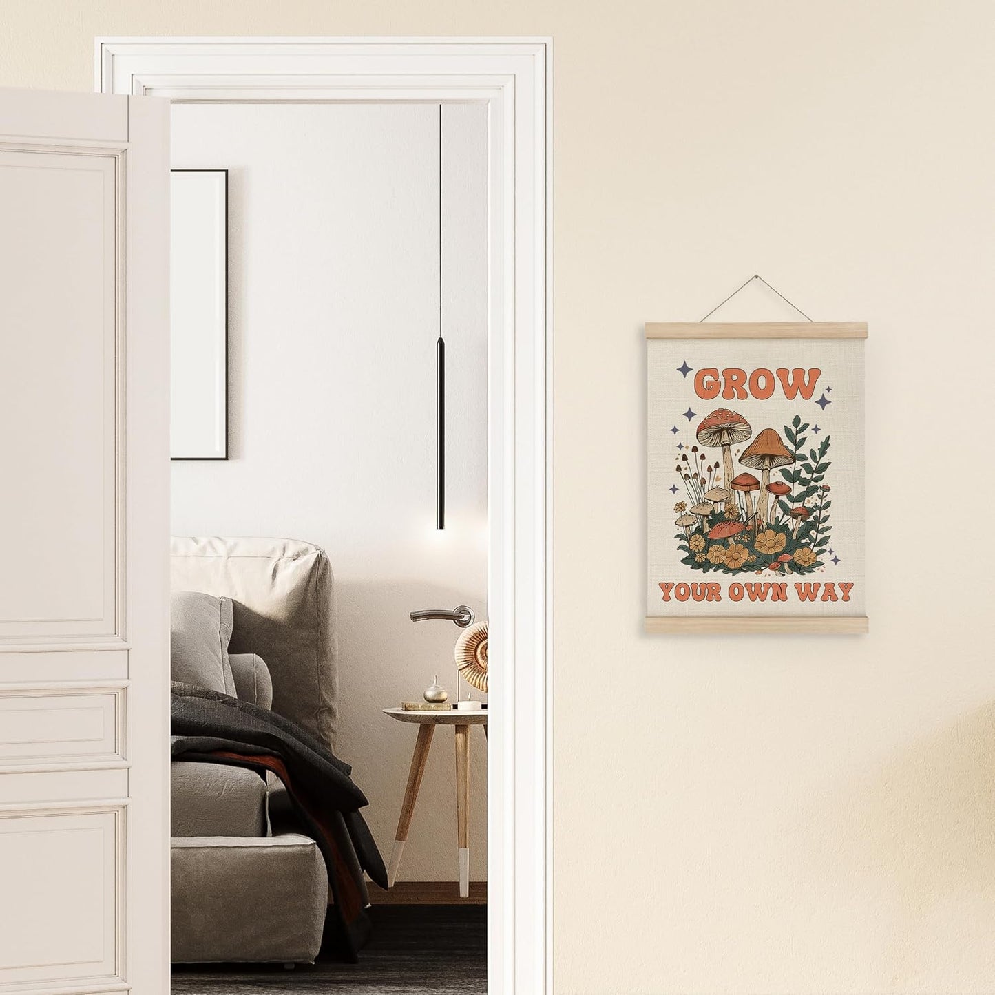 Mushroom Poster Framed with Wood Hanger, Mental Health Posters Wall Art, Inspirational Wall Decor, Mushroom Flower Canvas Wall Art for Mental Health Decor 12X16 Inch