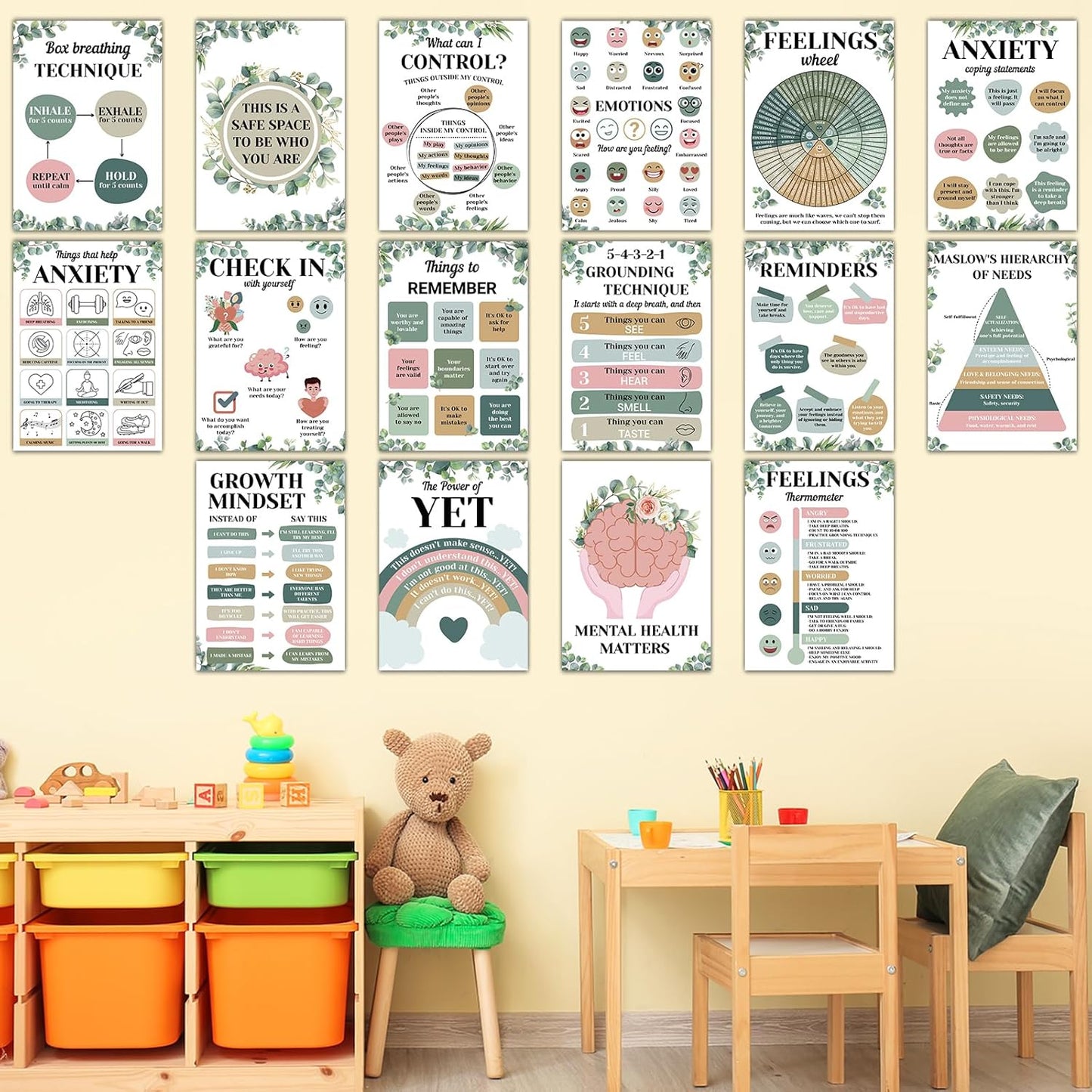 16PCS Eucalyptus Mental Health Posters for Classroom Anxiety Therapy Growth Mindset Inspirational Posters Counseling Therapist Office Must Haves Feeling Wheel Poster Positive Quotes Decor