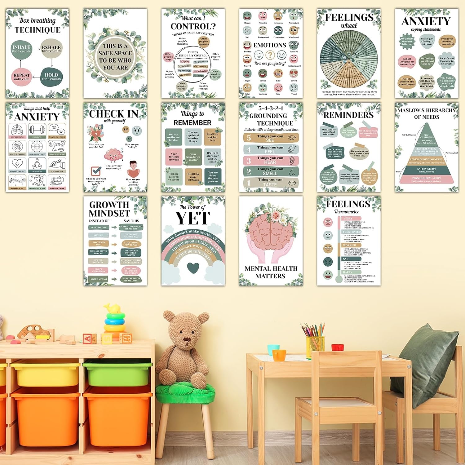16PCS Eucalyptus Mental Health Posters for Classroom Anxiety Therapy Growth Mindset Inspirational Posters Counseling Therapist Office Must Haves Feeling Wheel Poster Positive Quotes Decor