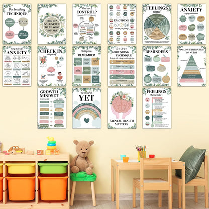 16PCS Eucalyptus Mental Health Posters for Classroom Anxiety Therapy Growth Mindset Inspirational Posters Counseling Therapist Office Must Haves Feeling Wheel Poster Positive Quotes Decor