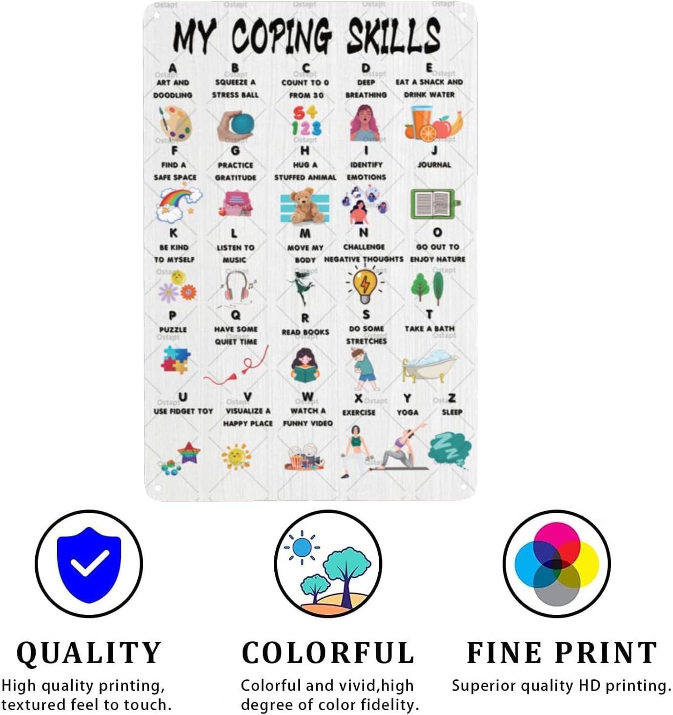 Coping Skills Decor Sign Coping Skills Alphabet School Psychologist Wall Decor Counselling Psychologist CBT Metal Tin Sign Mental Health Wall Art for Counseling Counselor Therapist 8X12 Inch