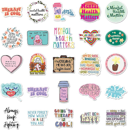 100Pcs Mental Health Stickers,Mental Health Matters Awareness Vinyl Laptops Decals Kids Teens Adults Gifts Therapist Water Bottles Bumper Helmet Book Decorative Doctor Reward Stickers