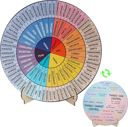 Large Double-Sided Feelings Wheel for Therapy Offices - 9.7-Inch Wooden Emotion Chart with Stand, Ideal for Mental Health and Educational Settings