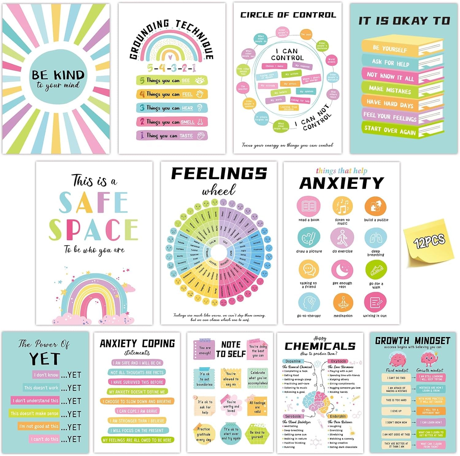 12Pcs Mental Health Posters, 10"X14" Therapy Office Decor, Counseling Offices Must Haves School Classroom Office Wall Art Decor Mental Health Awareness Posters Inspirational Positive Poster