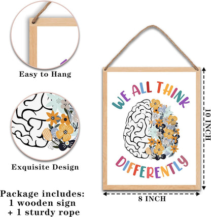 Therapy Office Decor, Mental Health Wood Wall Art, We All Think Differently Hanging Wall Decor for Therapist Office School Counselor Psychologist 8" X 10" - A09