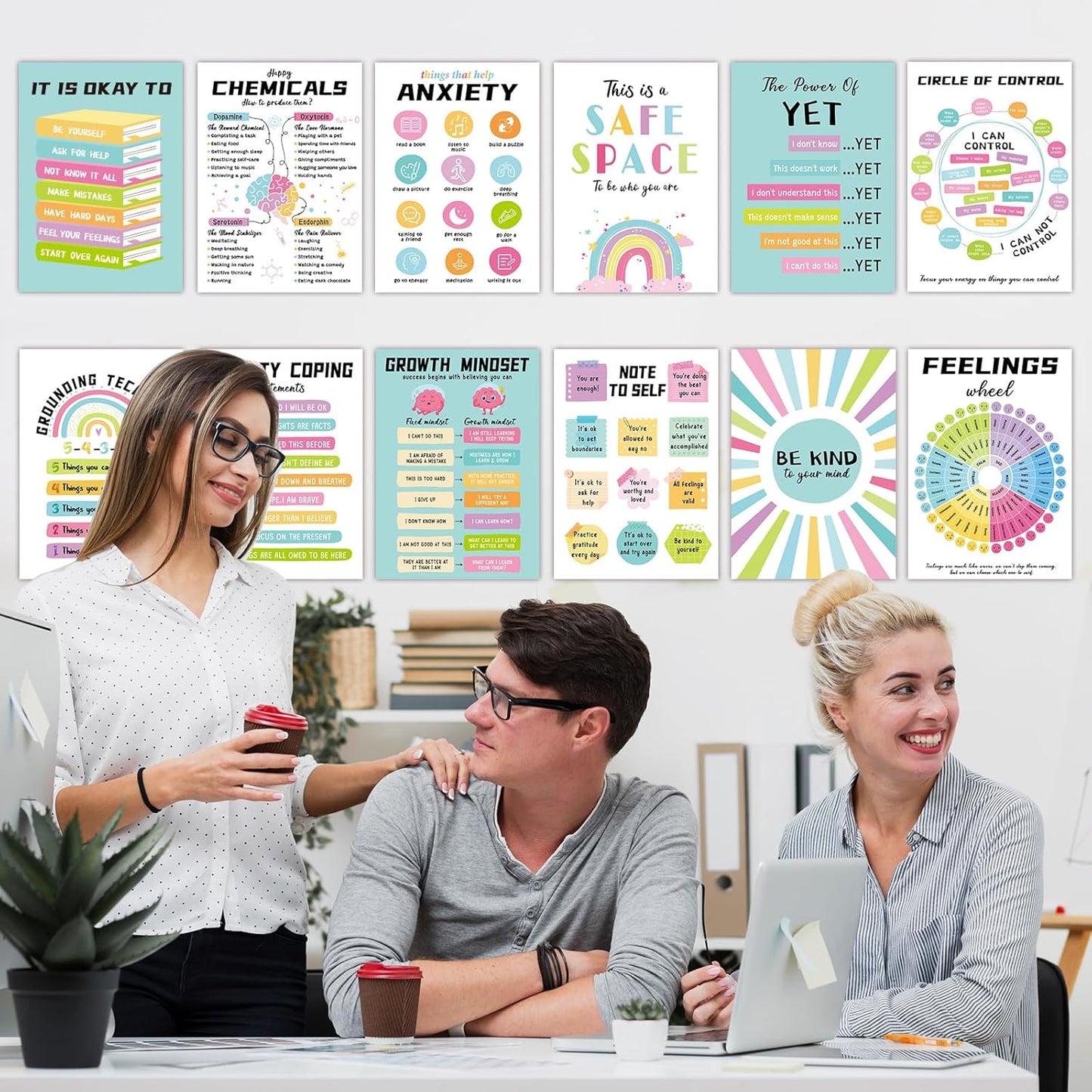 12Pcs Mental Health Posters, 10"X14" Therapy Office Decor, Counseling Offices Must Haves School Classroom Office Wall Art Decor Mental Health Awareness Posters Inspirational Positive Poster