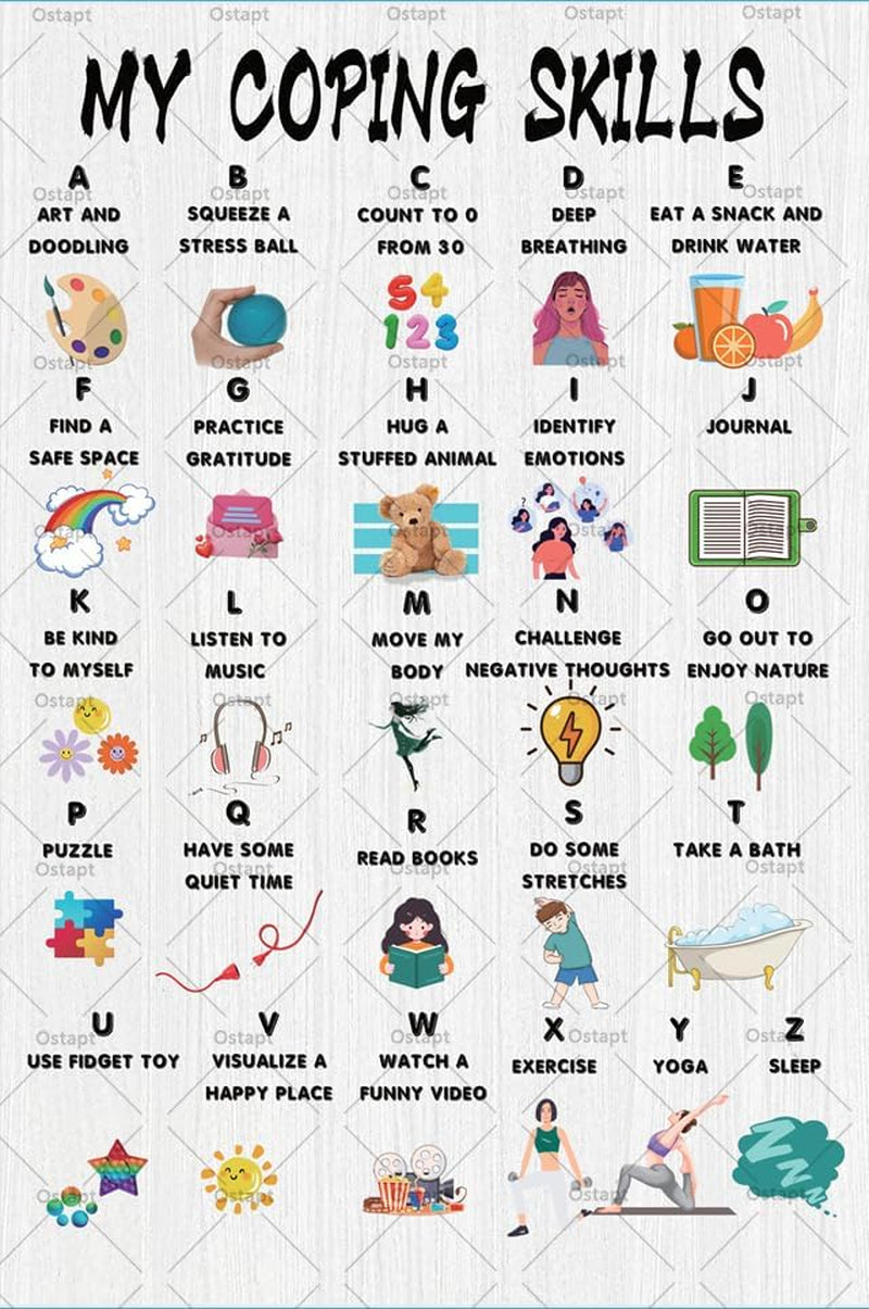 Coping Skills Decor Sign Coping Skills Alphabet School Psychologist Wall Decor Counselling Psychologist CBT Metal Tin Sign Mental Health Wall Art for Counseling Counselor Therapist 8X12 Inch