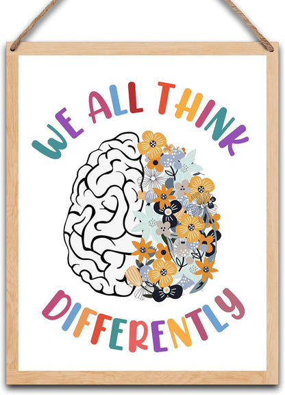 Therapy Office Decor, Mental Health Wood Wall Art, We All Think Differently Hanging Wall Decor for Therapist Office School Counselor Psychologist 8" X 10" - A09