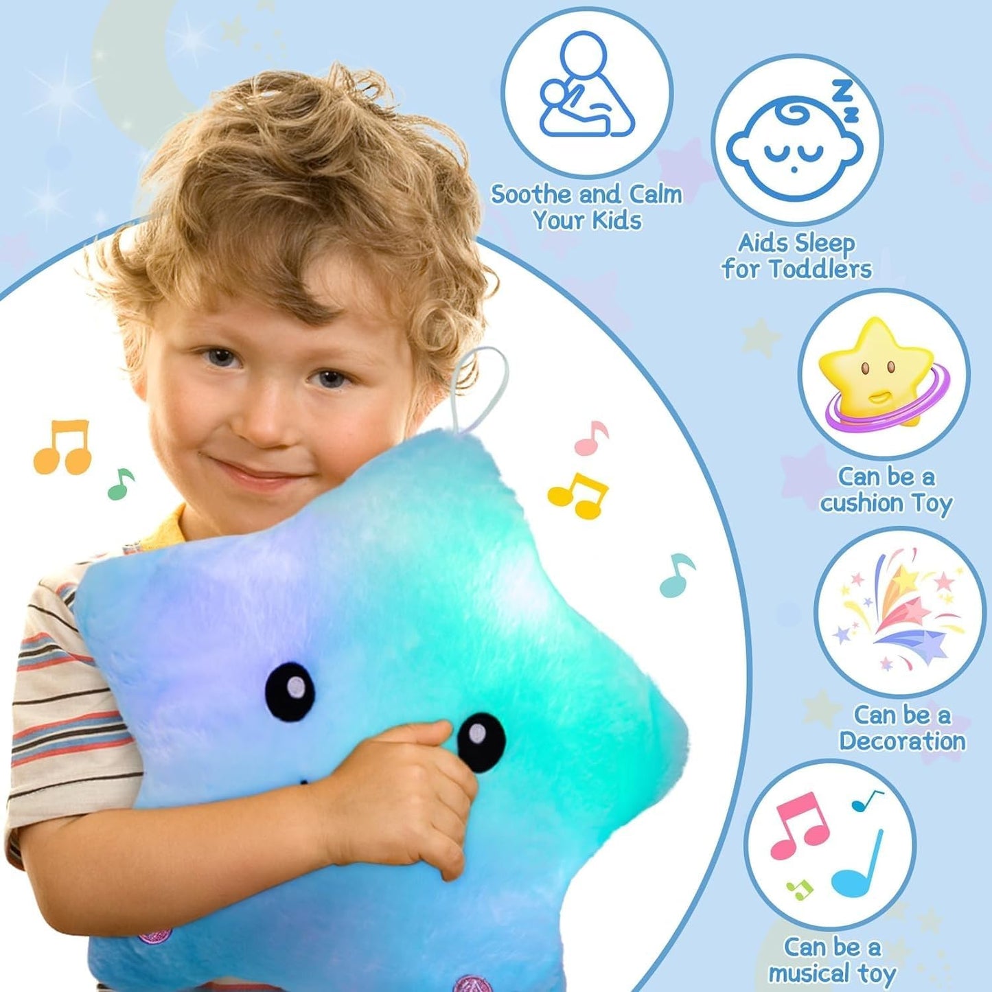 Sensory Toys for Kids with Autism,14" Soft Toddler Pillow with Light &Music,Plush Star Night Light,Light up Adhd Autism Sensory Products,Birthday Xmas Easter Gifts for Boys 3 4 5 6 7 8 9 10 Blue