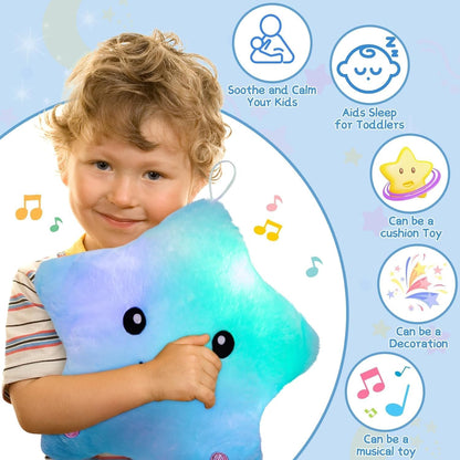 Sensory Toys for Kids with Autism,14" Soft Toddler Pillow with Light &Music,Plush Star Night Light,Light up Adhd Autism Sensory Products,Birthday Xmas Easter Gifts for Boys 3 4 5 6 7 8 9 10 Blue