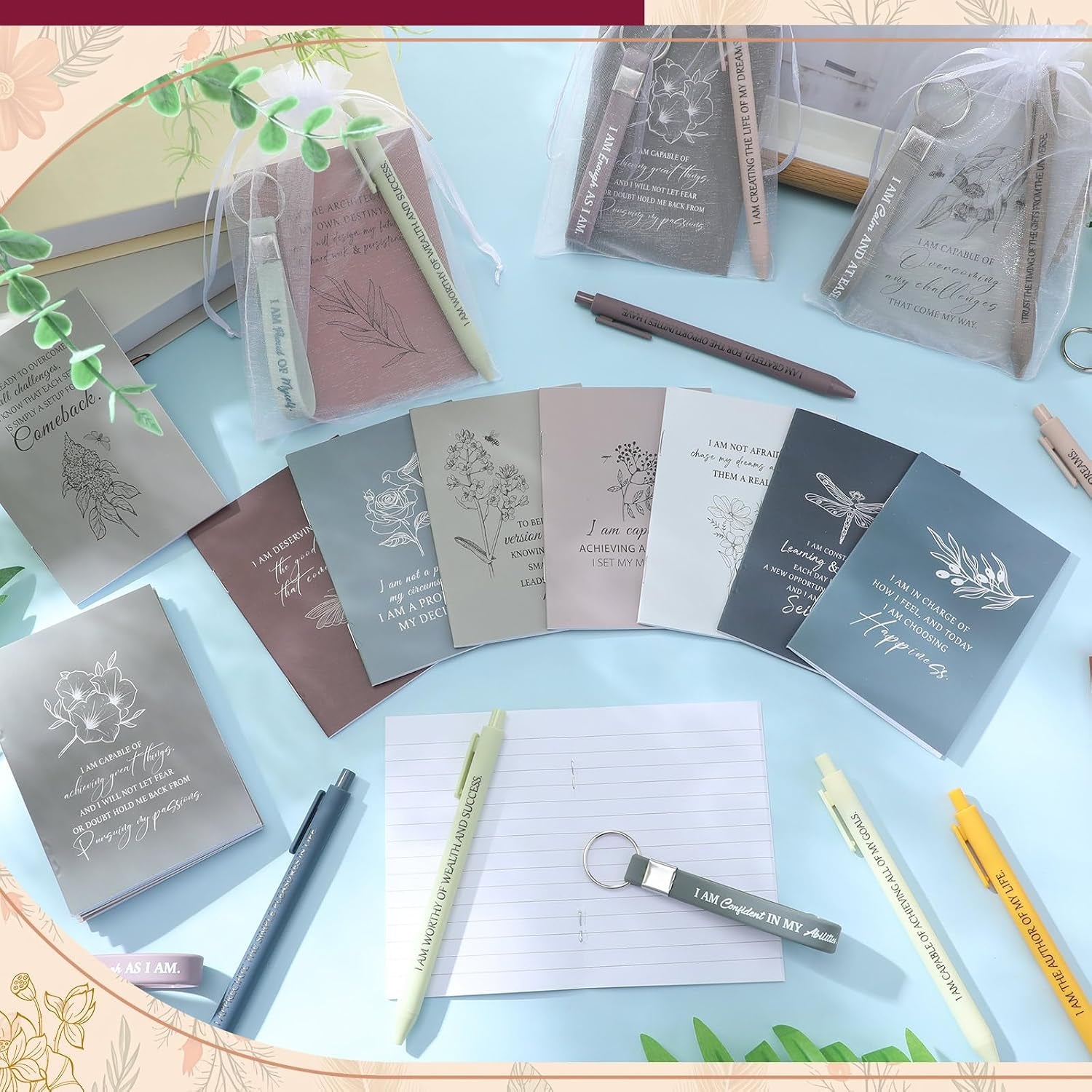 24-Piece Positive Affirmation Gift Set: Gratitude Notebooks, Pens, Keychains, and Small Bags - Motivational Party Favors for Adult Women, Coworkers, and Employee Groups (Floral Design)