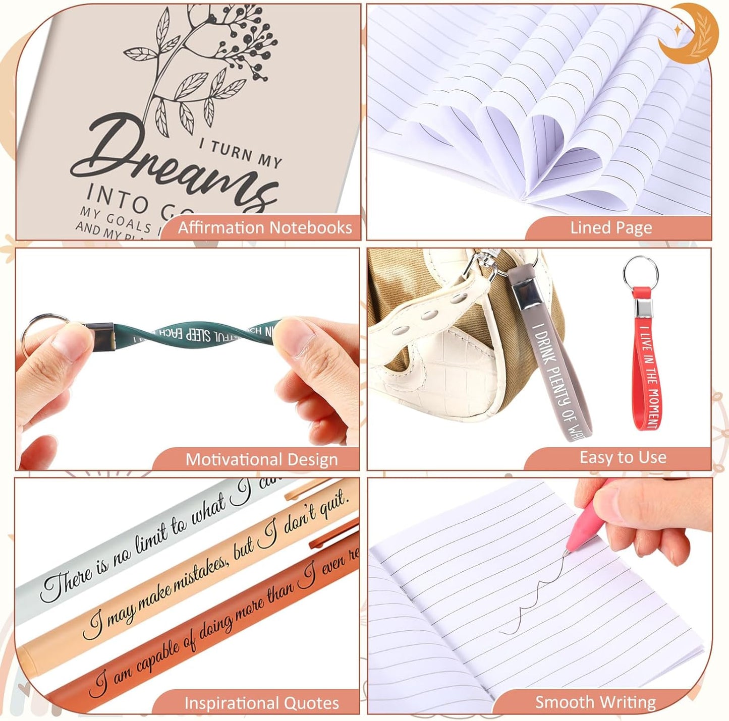 48-Piece Positive Affirmation Gift Set: Gratitude Notebooks, Pens, Keychains, and Small Bags - Motivational Party Favors for Adult Women, Coworkers, and Employee Groups (Vibrant)