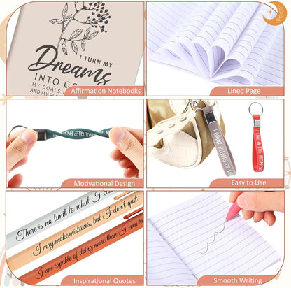 48-Piece Positive Affirmation Gift Set: Gratitude Notebooks, Pens, Keychains, and Small Bags - Motivational Party Favors for Adult Women, Coworkers, and Employee Groups (Vibrant)
