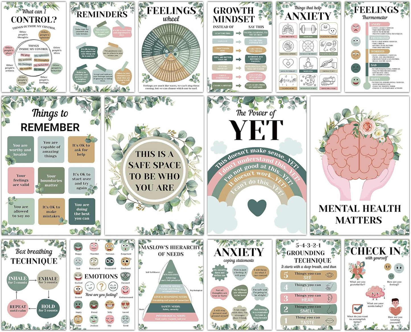 16PCS Eucalyptus Mental Health Posters for Classroom Anxiety Therapy Growth Mindset Inspirational Posters Counseling Therapist Office Must Haves Feeling Wheel Poster Positive Quotes Decor